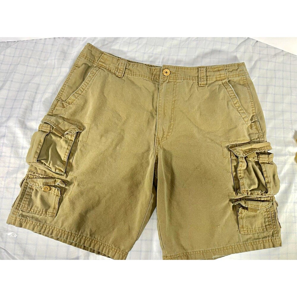 PLUGGO Mens Cargo Shorts Size 38 Tan Khaki Heavyweight 100% Cotton Multi Pockets